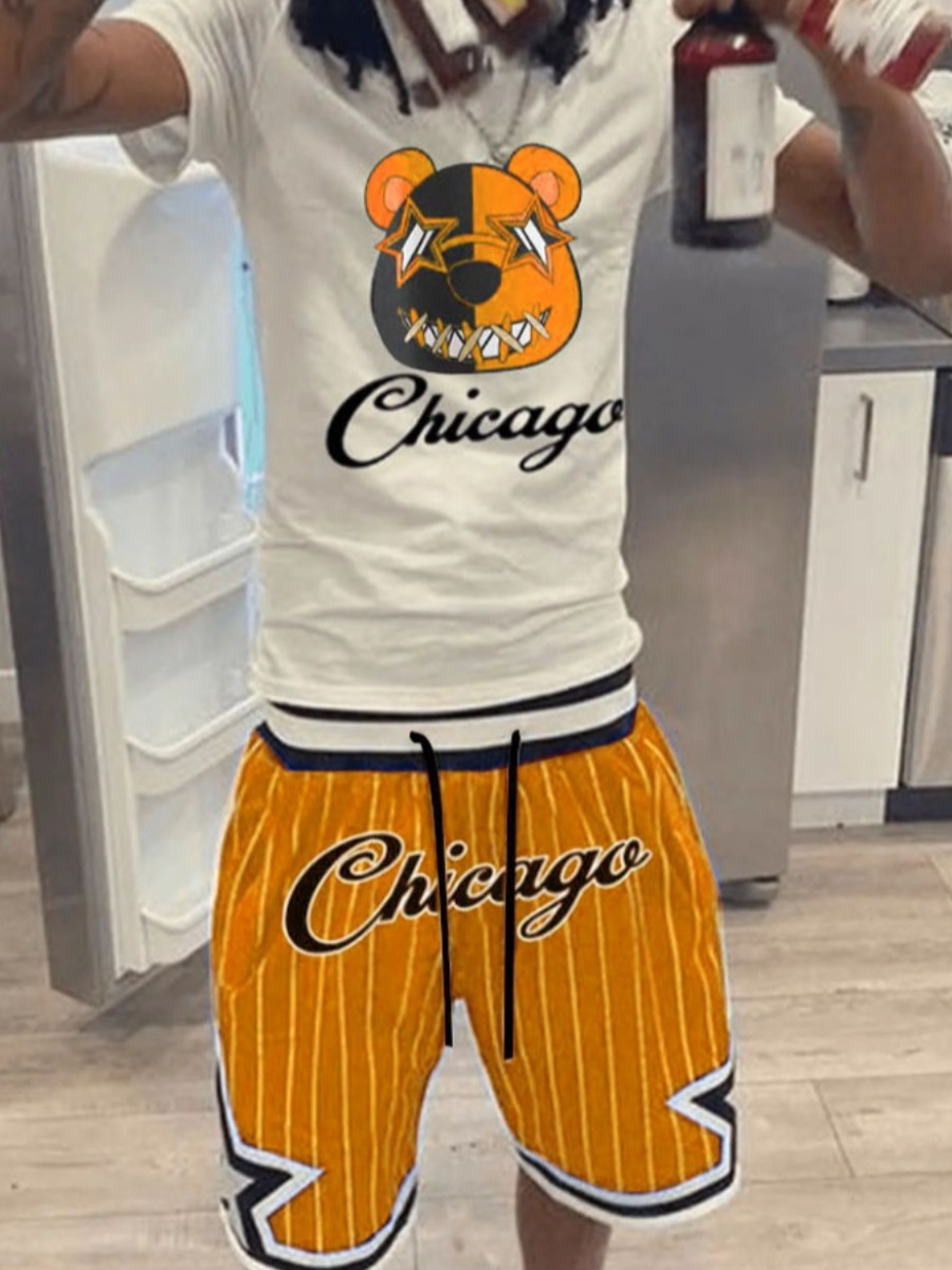 LW Men Cartoon Letter Print Striped Shorts Set