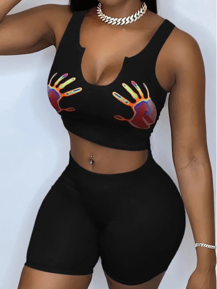 LW Crop Top Palm Print Skinny Shorts Set