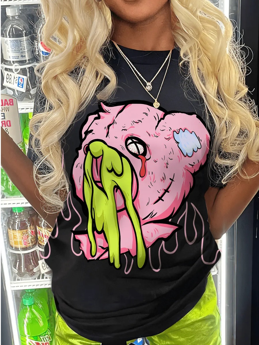 LovelyWholesale Cartoon Print Regular Fit T-shirt Summer Short Sleeve Casual Pattern Round Neck Spring Summer 2024