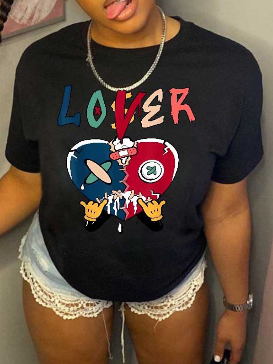 LW Cartoon Lover Letter Print T-shirt