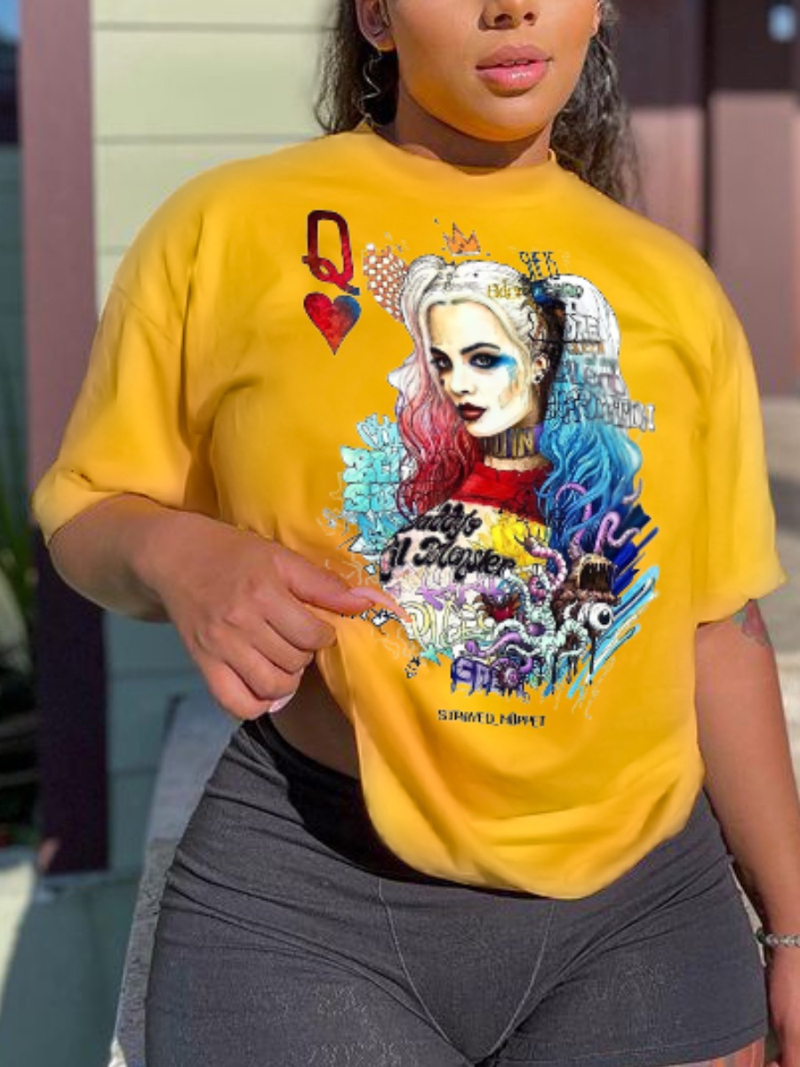 LovelyWholesale Plus Size Figure Heart Letter Print T-shirt Summer Short Sleeve Casual Round Neck  4X Spring Summer 2024