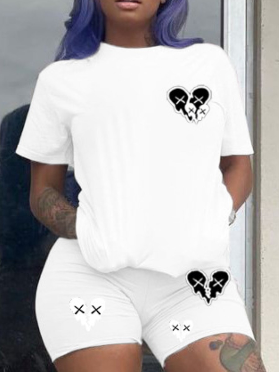 LovelyWholesale Broken Heart Print Regular Fit Shorts Set Summer Short Sleeve Casual Print Round Neck Spring Summer 2024