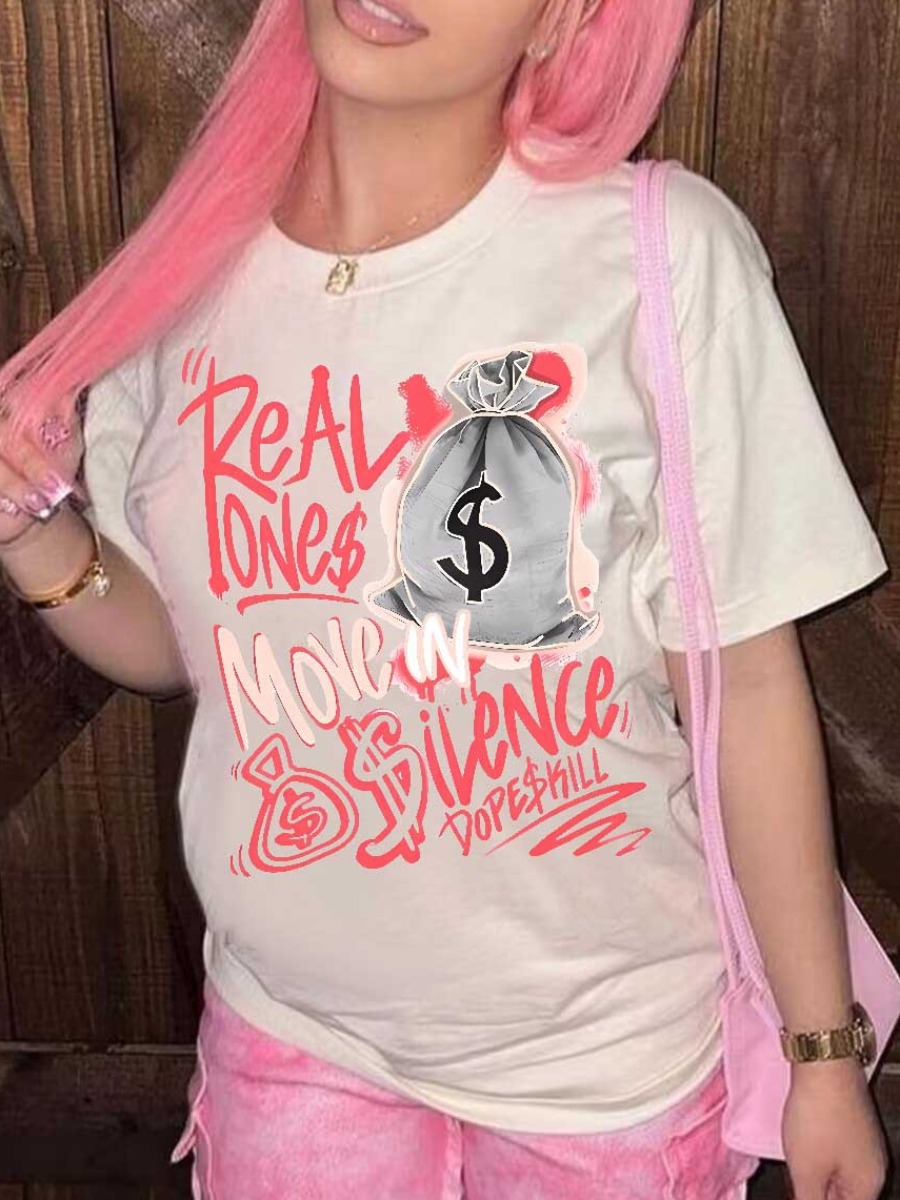 LovelyWholesale Money Letter Print T-shirt Summer Short Sleeve Casual Round Neck Spring Summer 2024