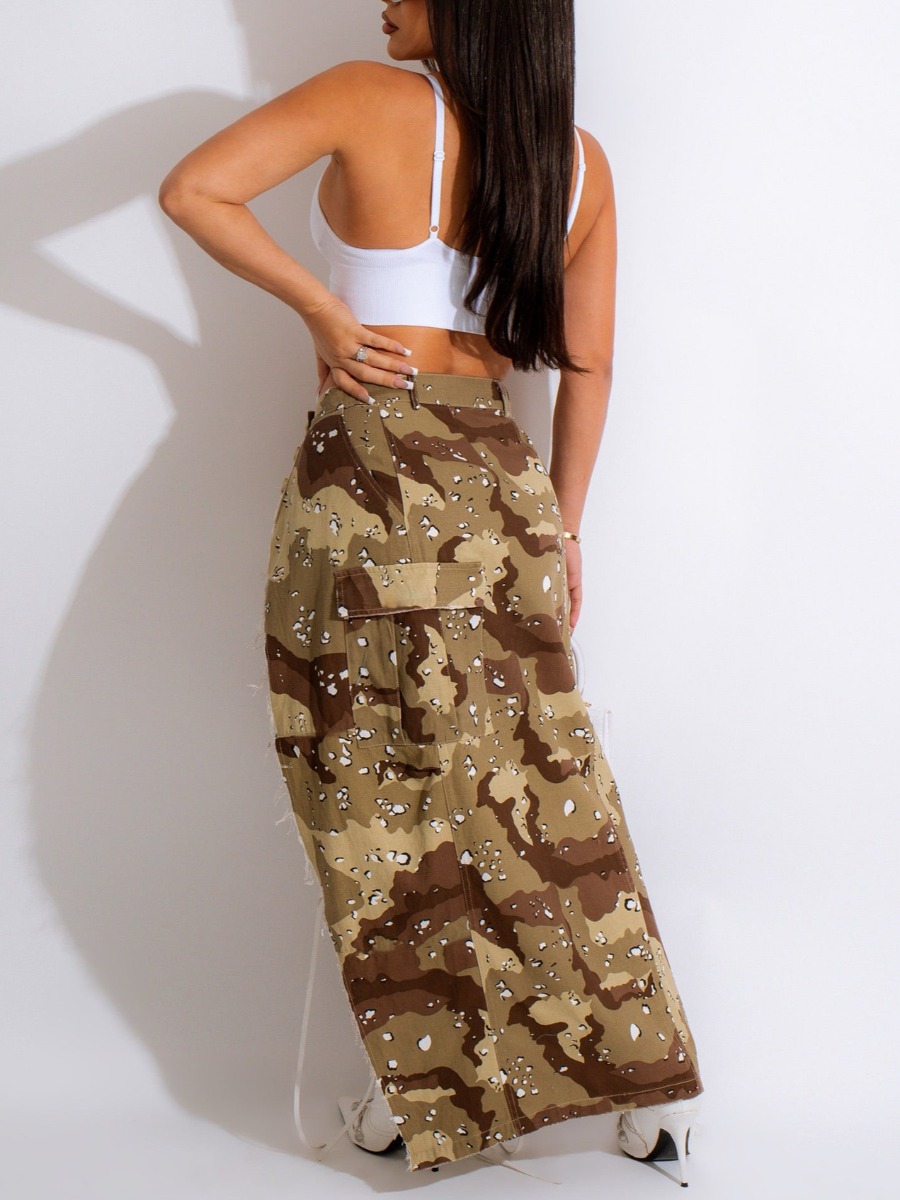 LW Camo Print High Split Cargo Denim Skirt