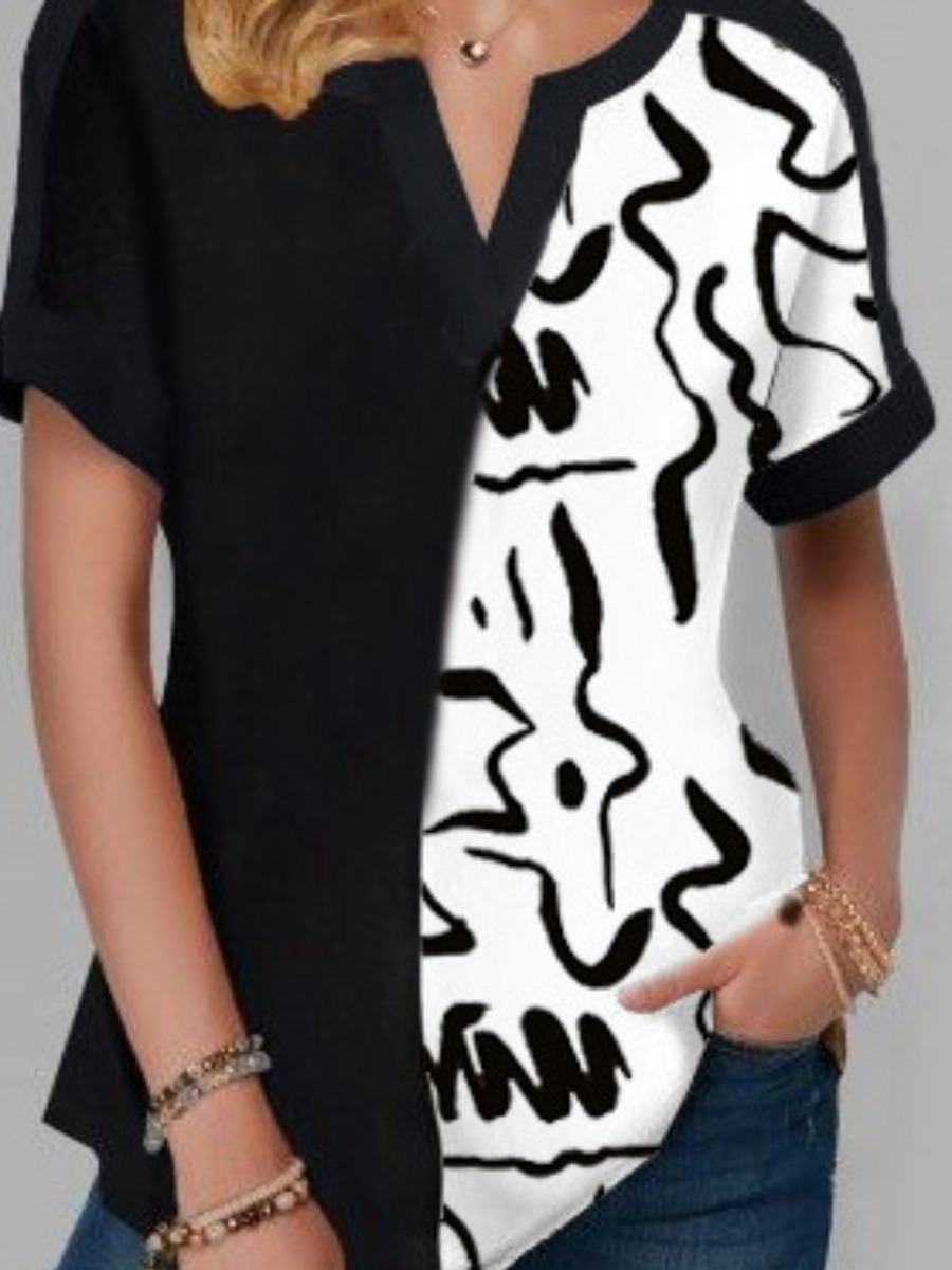 LW V Neck Print Patchwork T-shirt