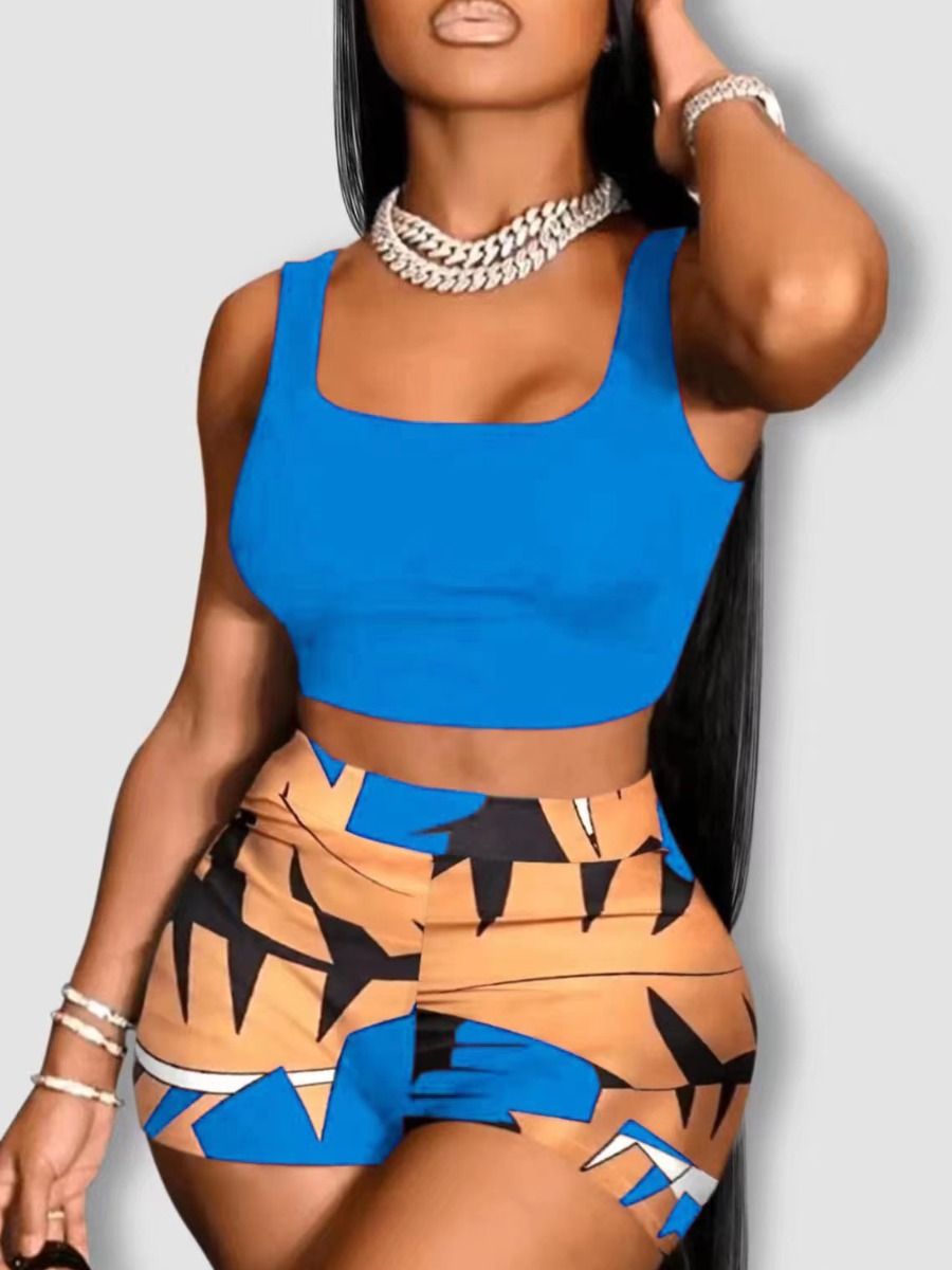 LovelyWholesale Crop Top Geometric Print Shorts Set Summer Sleeveless Vacation U Neck Spring Summer 2024