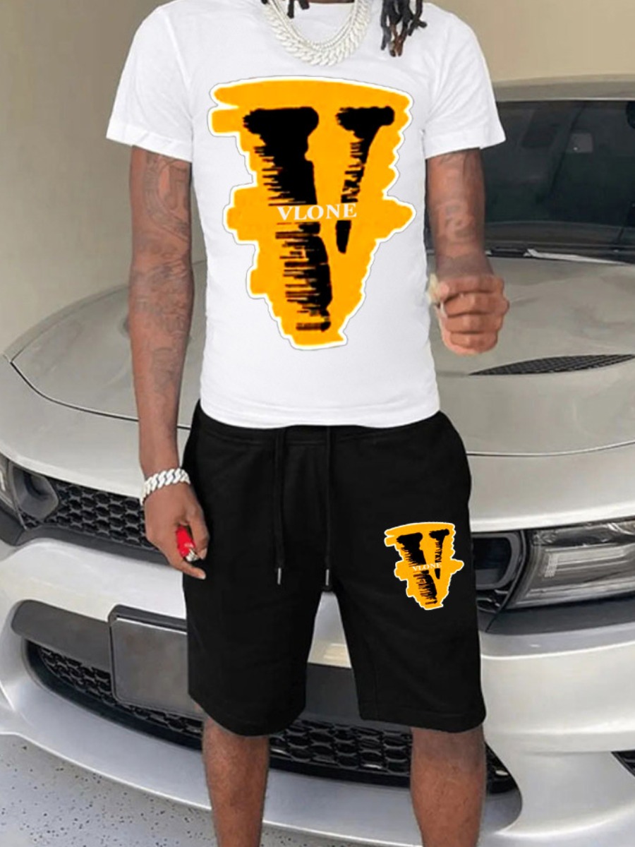 LW Men Letter Print Drawstring Shorts Set