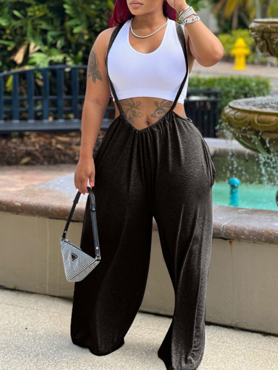 LW BASICS Mid Waist Wide Leg Overall Pants