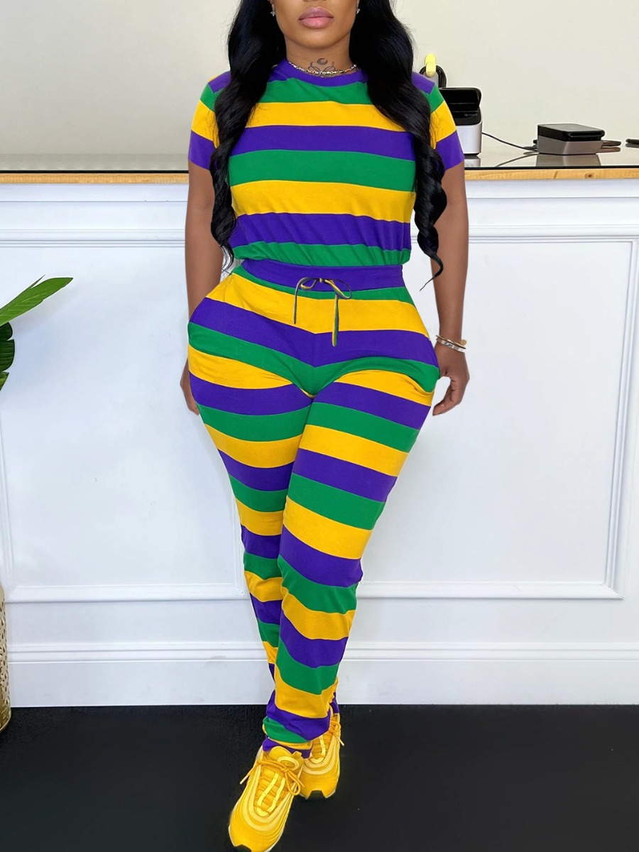 LW Striped Drawstring Pocket Design Pants Set