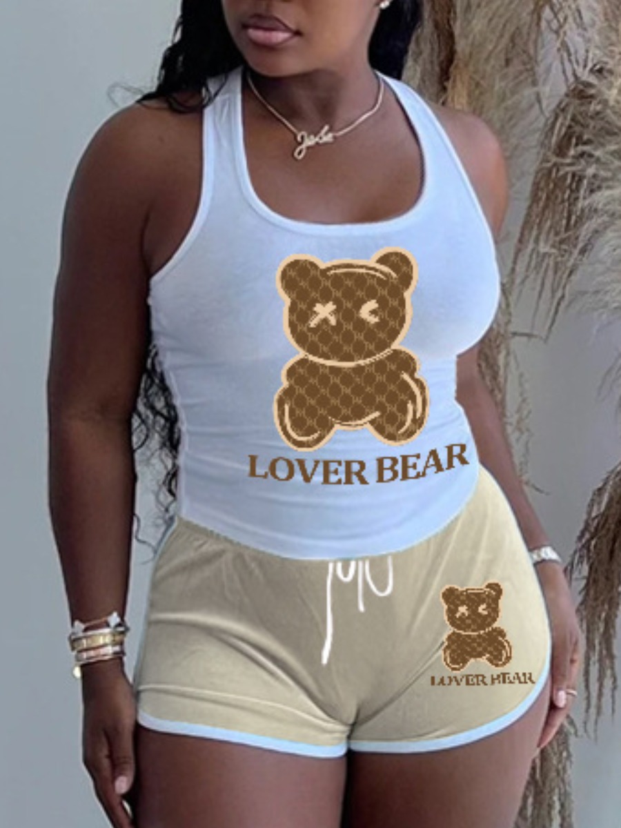 LW Plus Size Cartoon Lover Bear Print Drawstring S