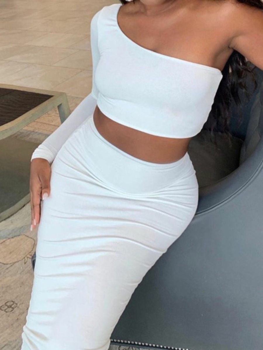 LW Plus Size One Shoulder Crop Top Skinny Skirt Set