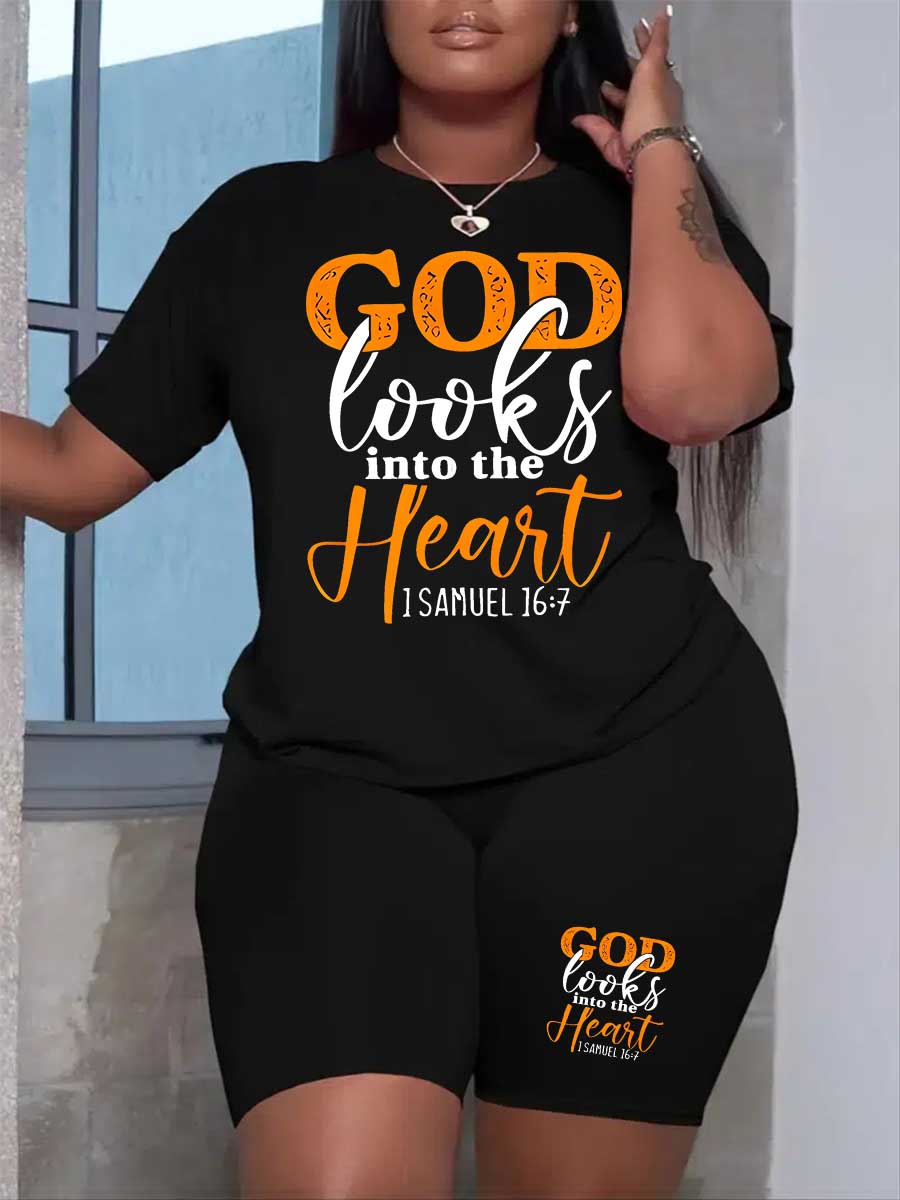 LovelyWholesale Plus Size Heart Letter Print Shorts Set Summer Short Sleeve Casual Round Neck  5X Spring Summer 2024