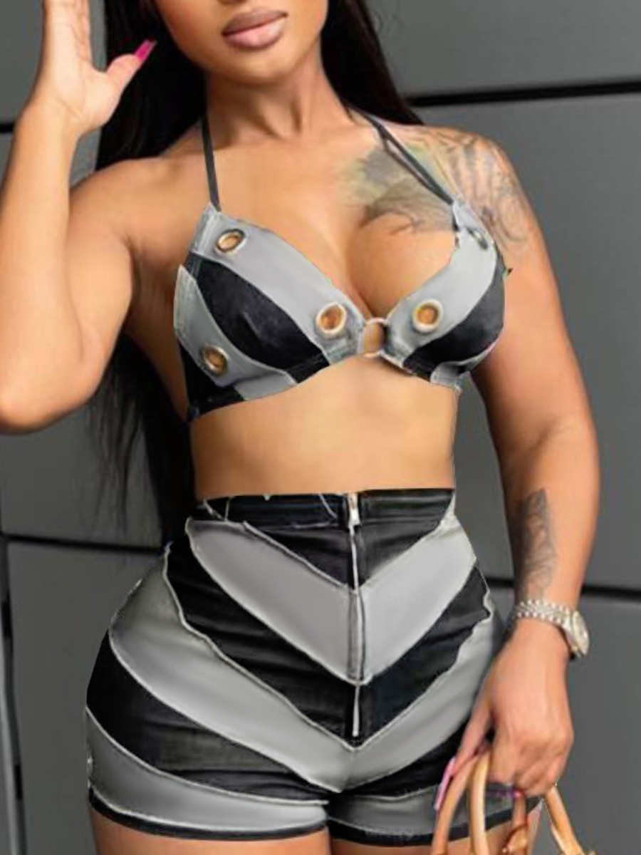 LW Bra Striped Raw Edge Shorts Set