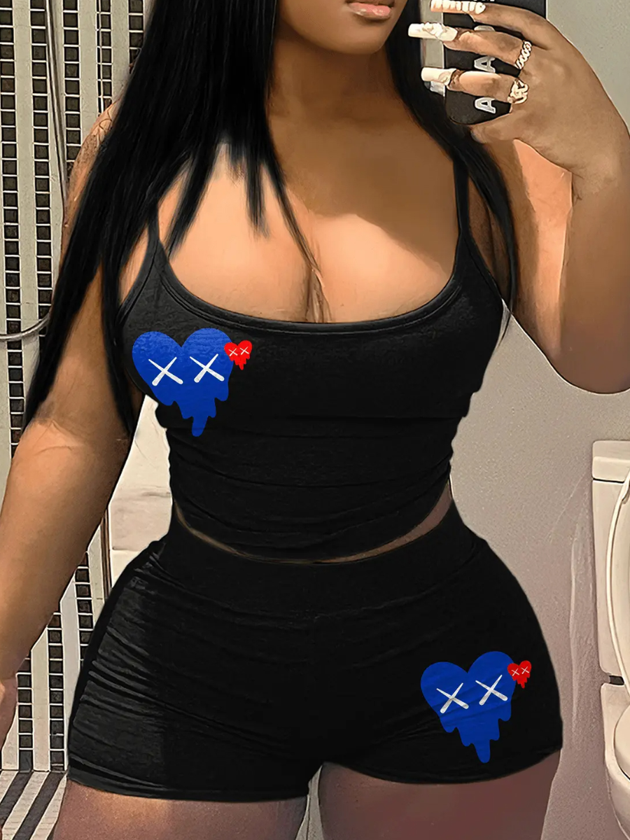 LovelyWholesale Heart Print Cami Skinny Shorts Set Summer Sleeveless Casual Pattern Spring Summer 2024