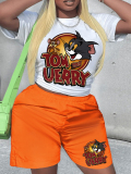 LW Plus Size Cartoon Print White Pullover And Orange Shorts Set