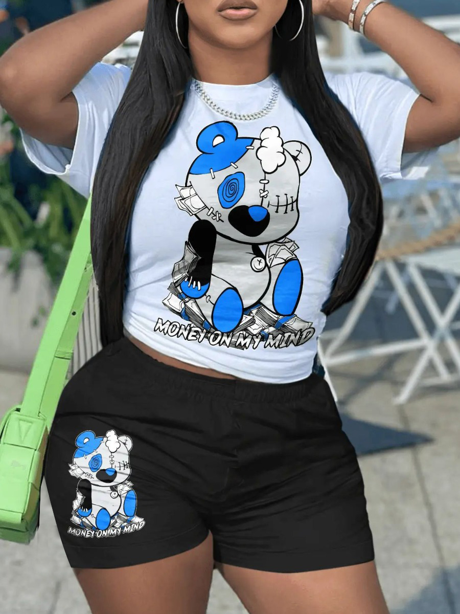 LovelyWholesale Bear Cartoon Letter Print Shorts Set Summer Short Sleeve Casual Pattern Round Neck Spring Summer 2024