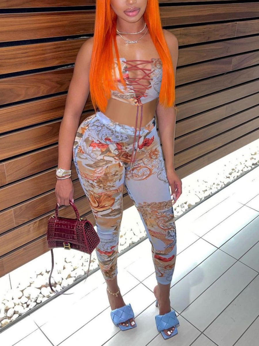 LW Crop Top Floral Print Bandage Design Pants Set
