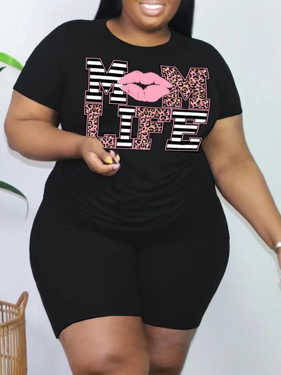 LovelyWholesale Plus Size Leopard Lip Letter Print Shorts Set Summer Short Sleeve Casual Round Neck  5X Spring Summer 2024