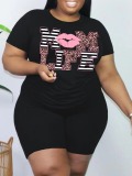 LW Plus Size Leopard Lip Letter Print Shorts Set