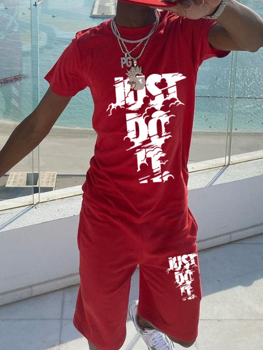 LovelyWholesale Men Just Do It Letter Print Drawstring Shorts Set Summer Short Sleeve Casual Print Round Neck Spring Summer 2024