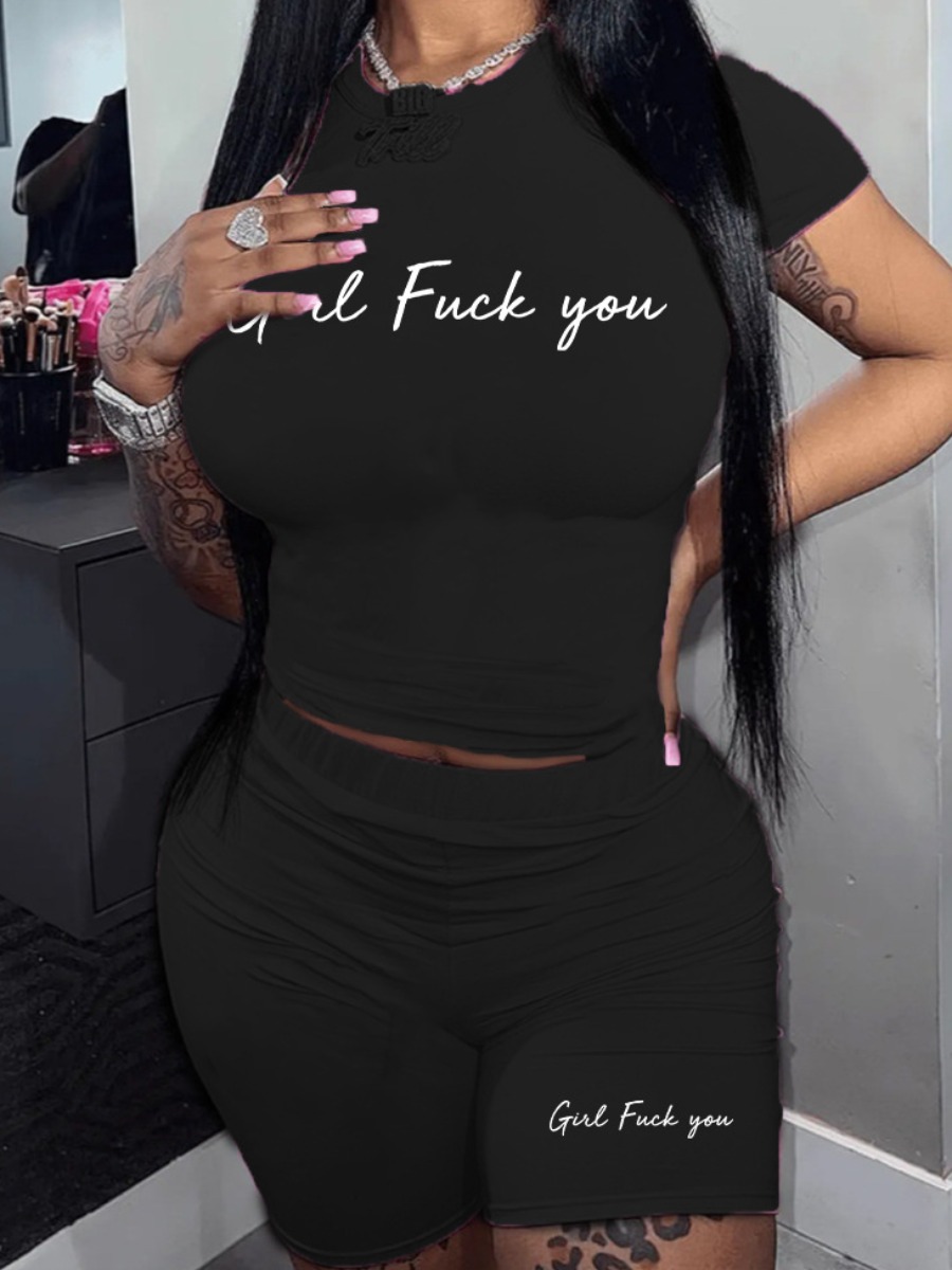LovelyWholesale Plus Size Letter Print Skinny Stretchy Shorts Set Summer Short Sleeve Casual Round Neck  5X Spring Summer 2024