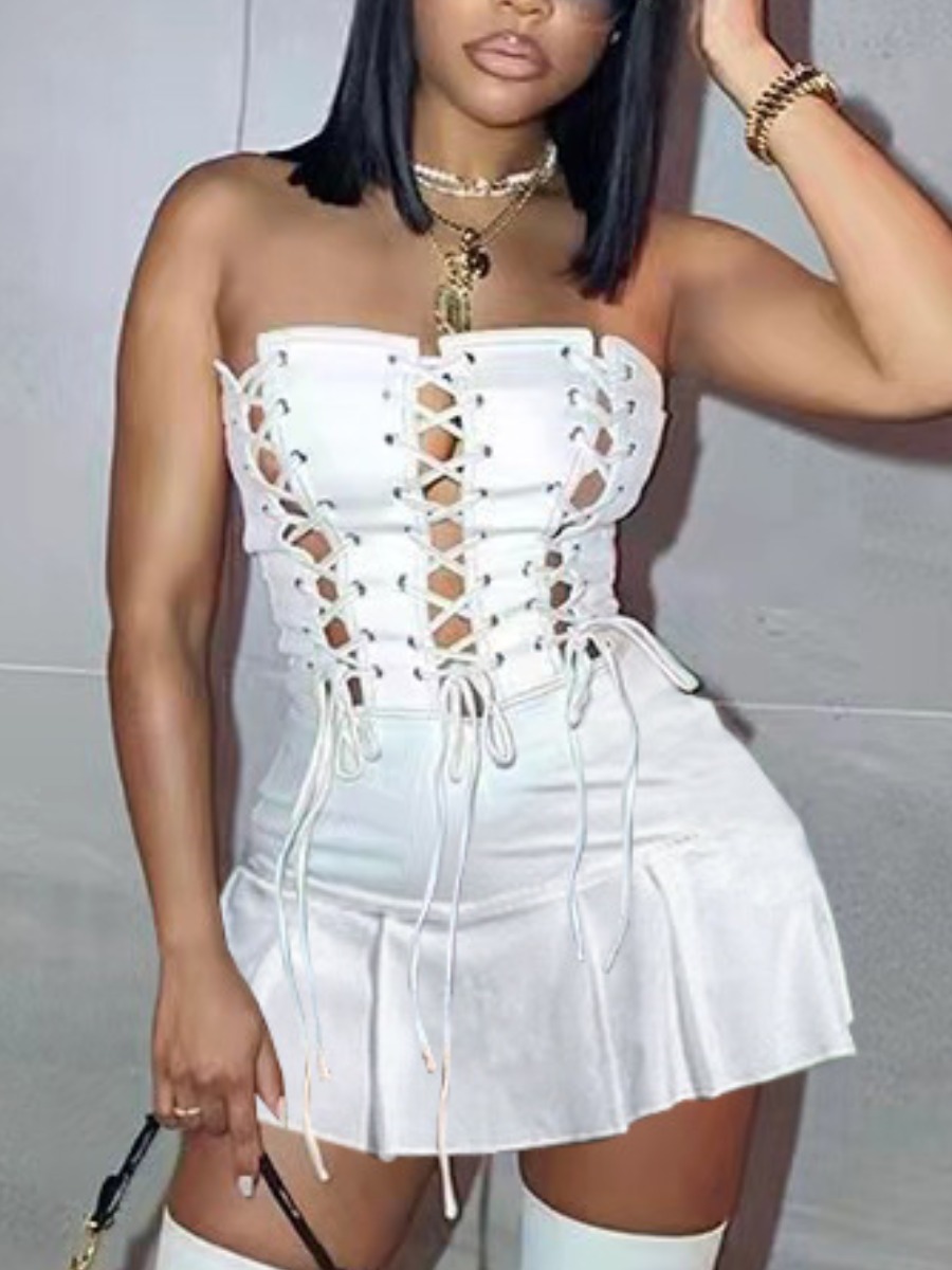 LovelyWholesale Off The Shoulder Bandage Design Pleated Dress Summer Sleeveless Street Strapless Spring Summer 2024