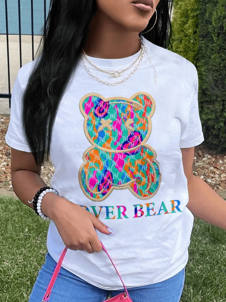 LovelyWholesale Cartoon Lover Bear Print T-shirt Summer Short Sleeve Casual Pattern Round Neck Spring Summer 2024