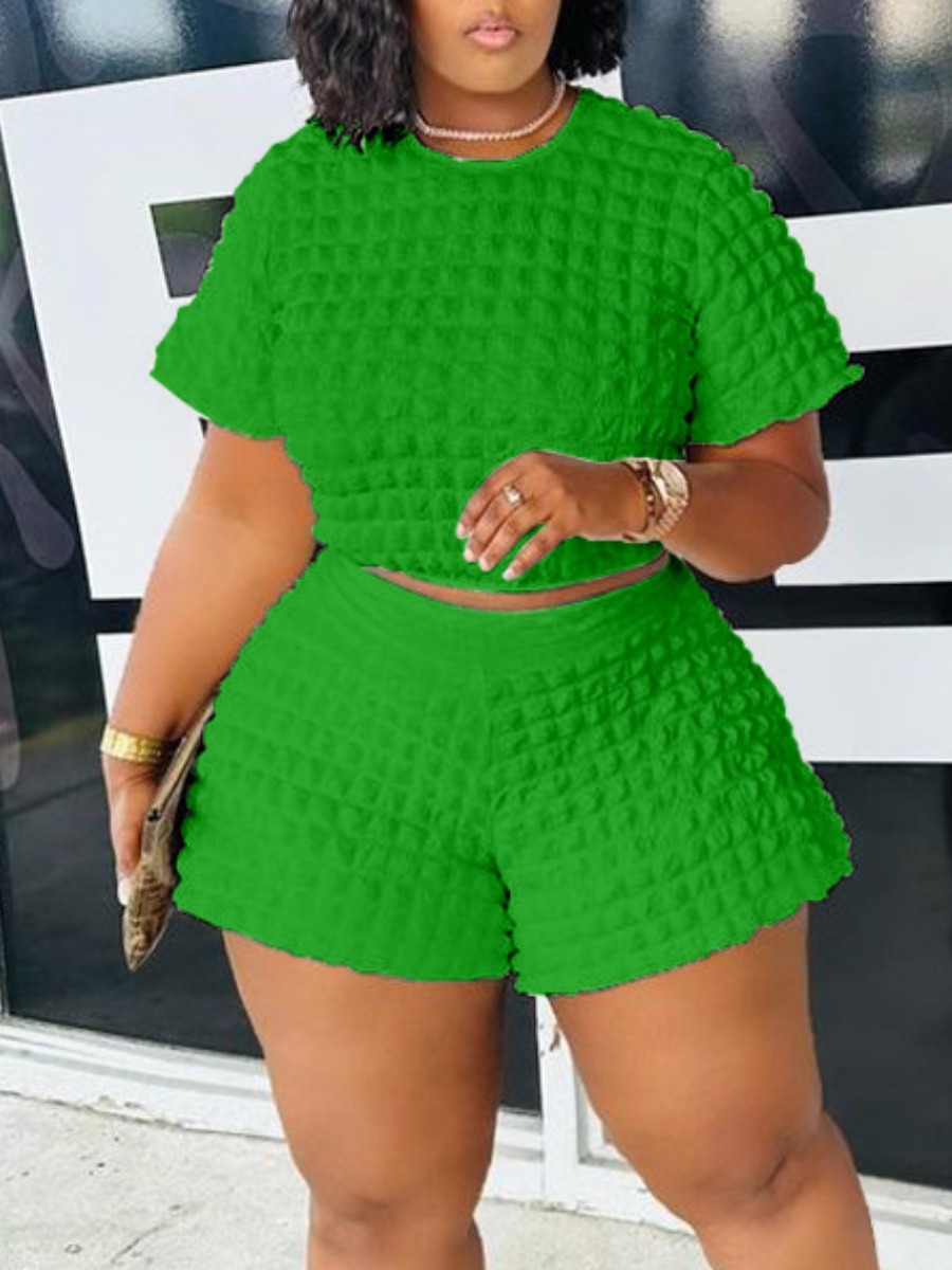 LovelyWholesale Plus Size Crop Top Waffle Knit Shorts Set Summer Short Sleeve Casual Round Neck  4X Spring Summer 2024