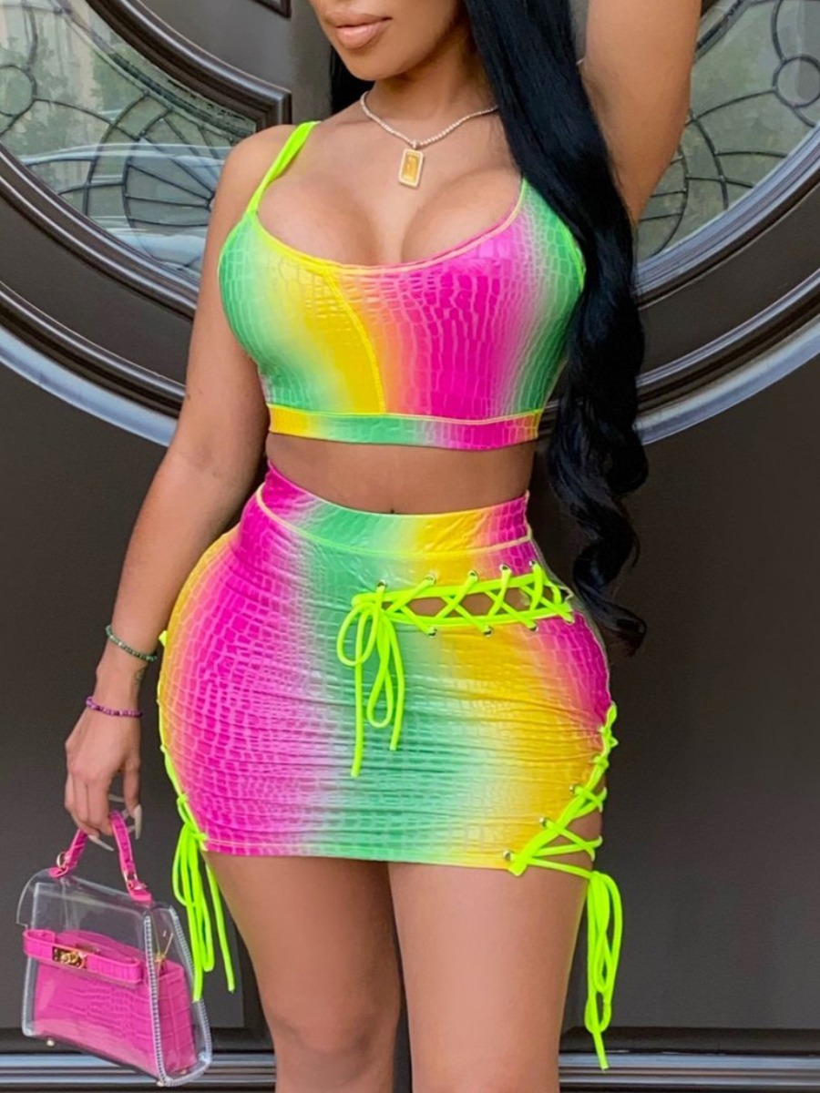LW Crop Top Gradient Bandage Cut Out Design Skirt Set