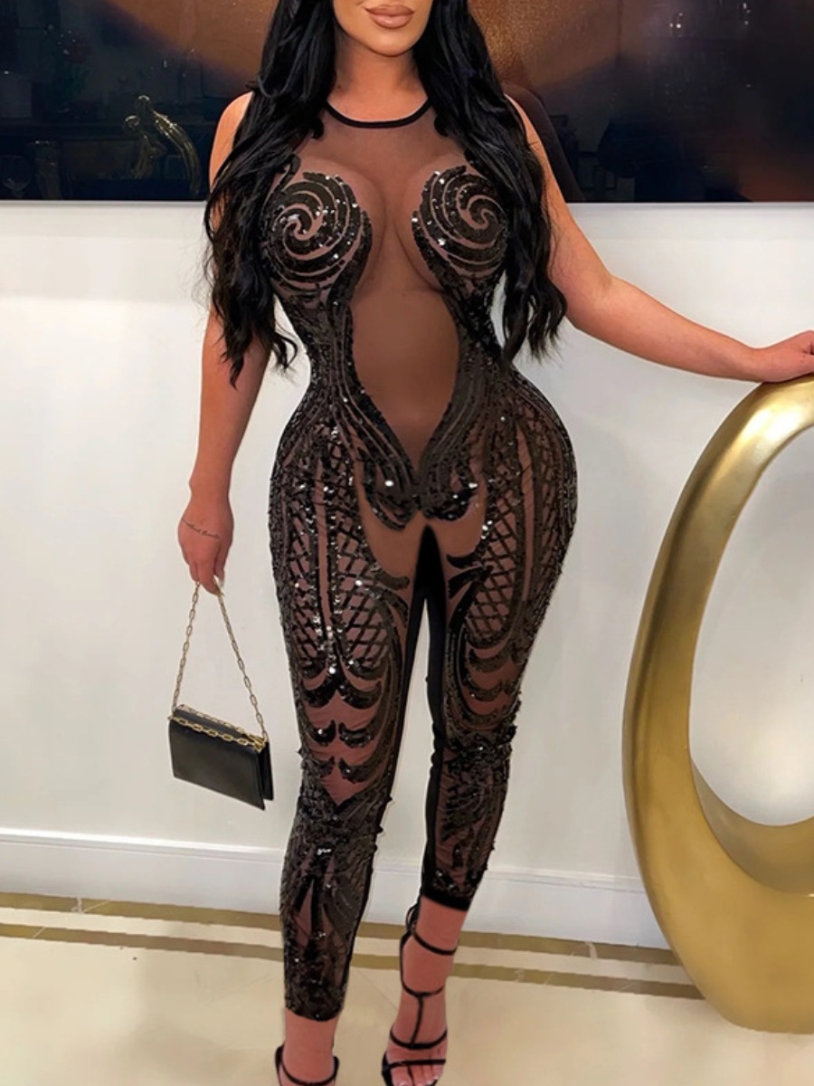 LW SXY Rhinestone Decor See Through Skinny Jumpsui