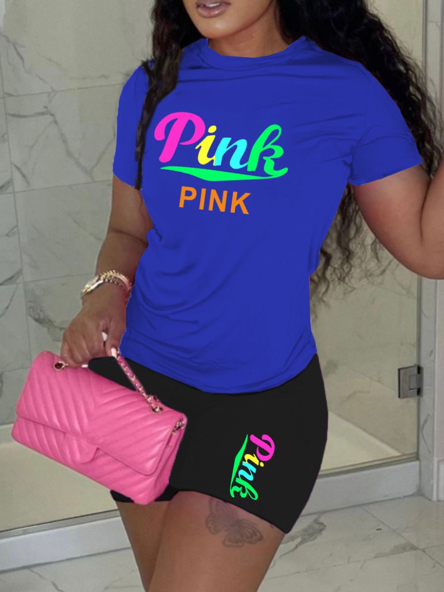 LovelyWholesale Pink Letter Print Shorts Set Summer Short Sleeve Living Pink Round Neck Spring Summer 2024