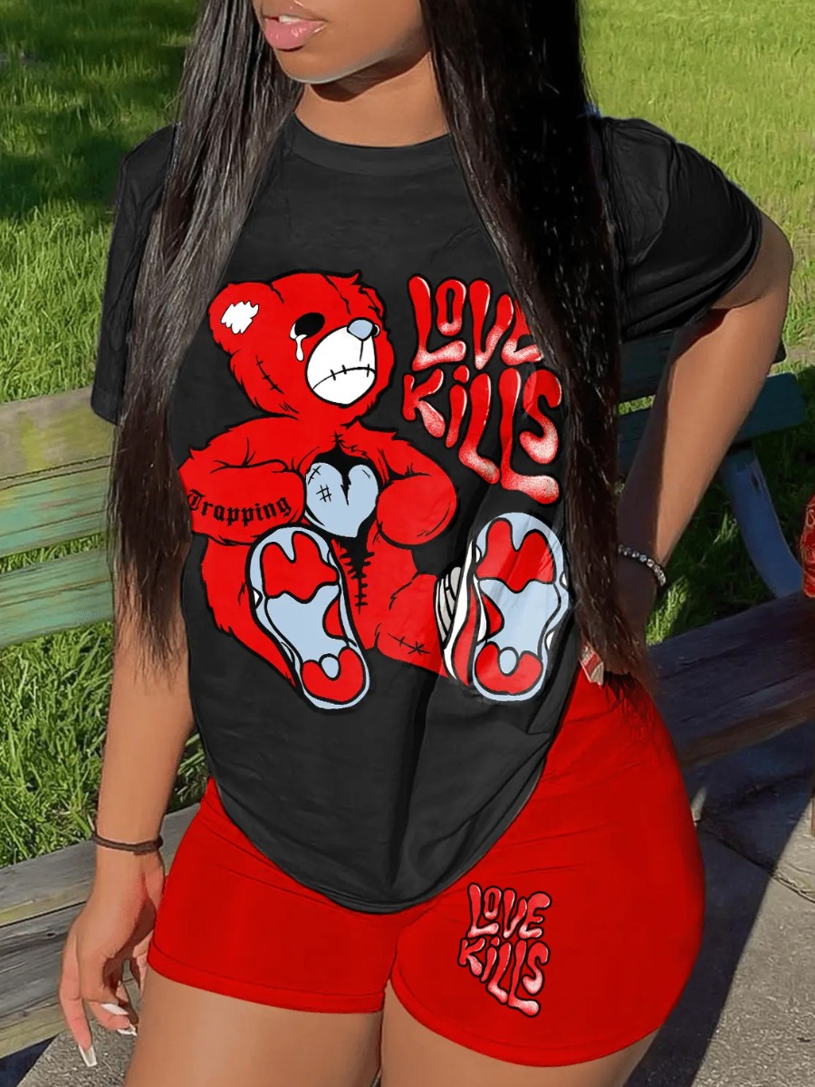 LW Teddy Bear Love Letter Print Shorts Set