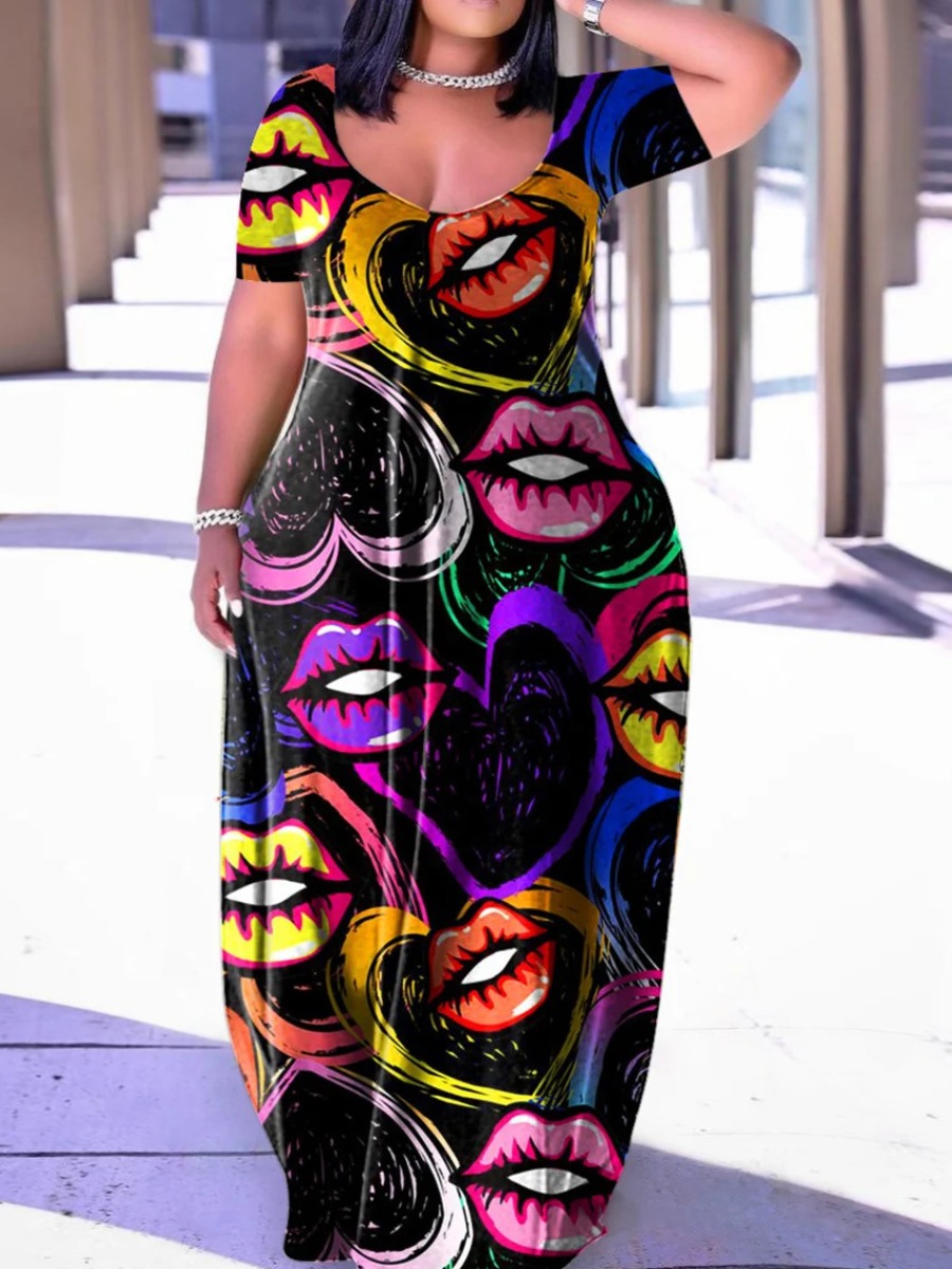 LW U Neck Lip Print Loose Dress