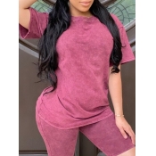 LW BASICS Casual Wine Red Two-piece Shorts Set