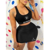 LW Plus Size U Neck Letter Crop Top Skirt Set