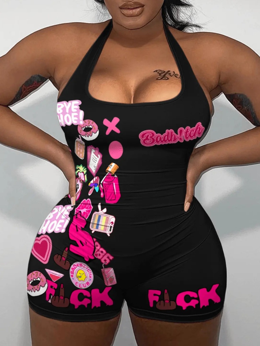 LW Heart Letter Print Backless Cami Romper