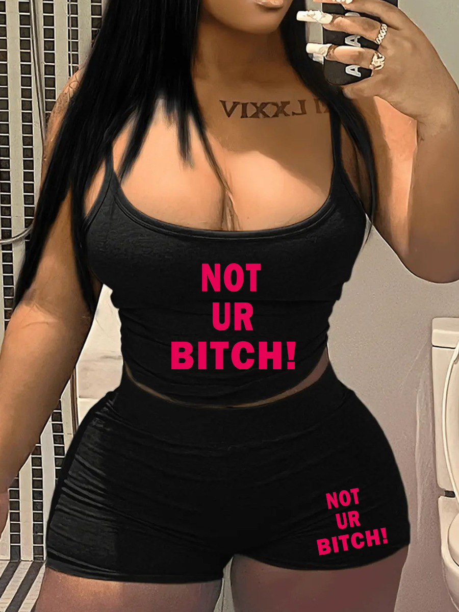 LovelyWholesale Cami Letter Print Shorts Set Summer Sleeveless Stylish Letter U Neck Spring Summer 2024