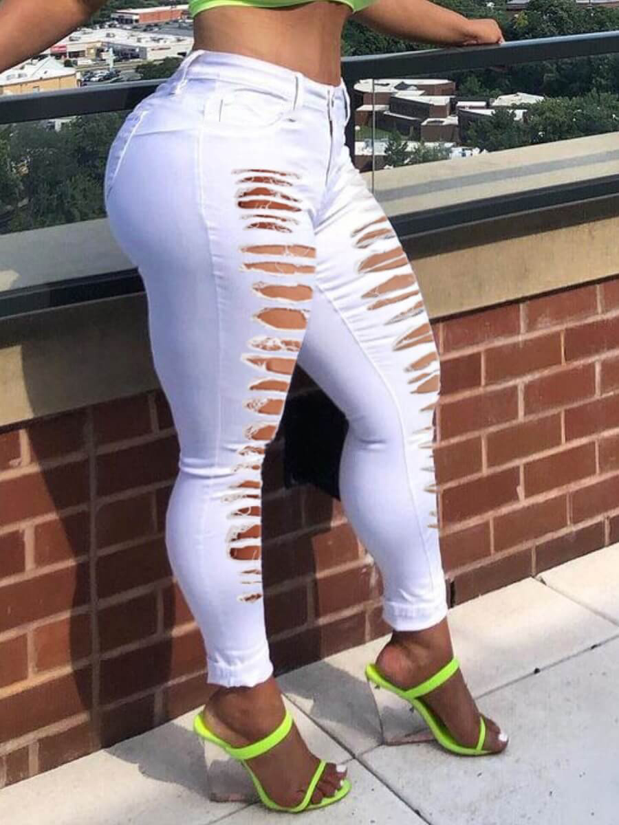 LovelyWholesale Mid Waist High Stretchy Ripped Solid Skinny Jeans All Seasons Street Ripped Spring Summer 2024