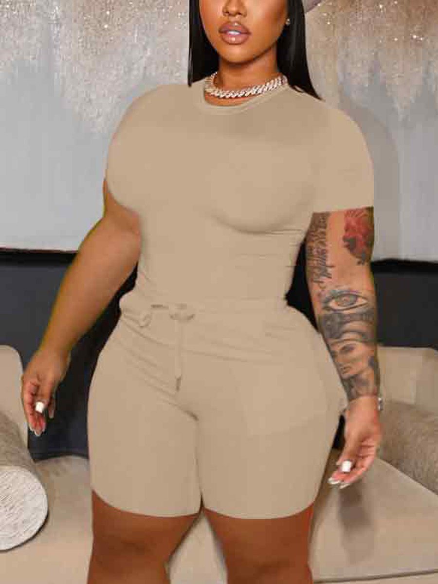 LW BASICS Plus Size Round Neck Drawstring Shorts Set