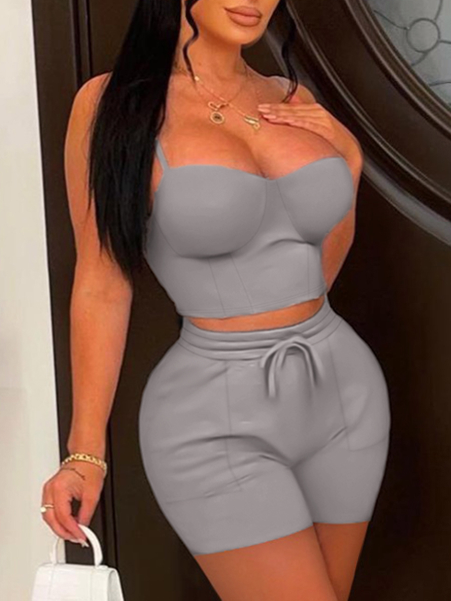 LovelyWholesale Cami Drawstring Shorts Set Summer Sleeveless Casual Solid Color Strapless Spring Summer 2024