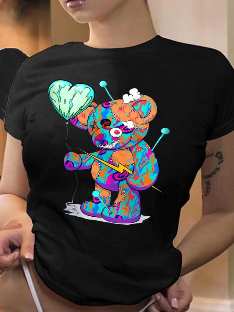 LovelyWholesale Bear Cartoon Print T-shirt Summer Short Sleeve Casual Pattern Round Neck Spring Summer 2024