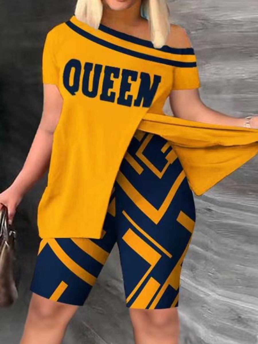 LW Plus Size One Shoulder Queen Letter Print Split Shorts Set