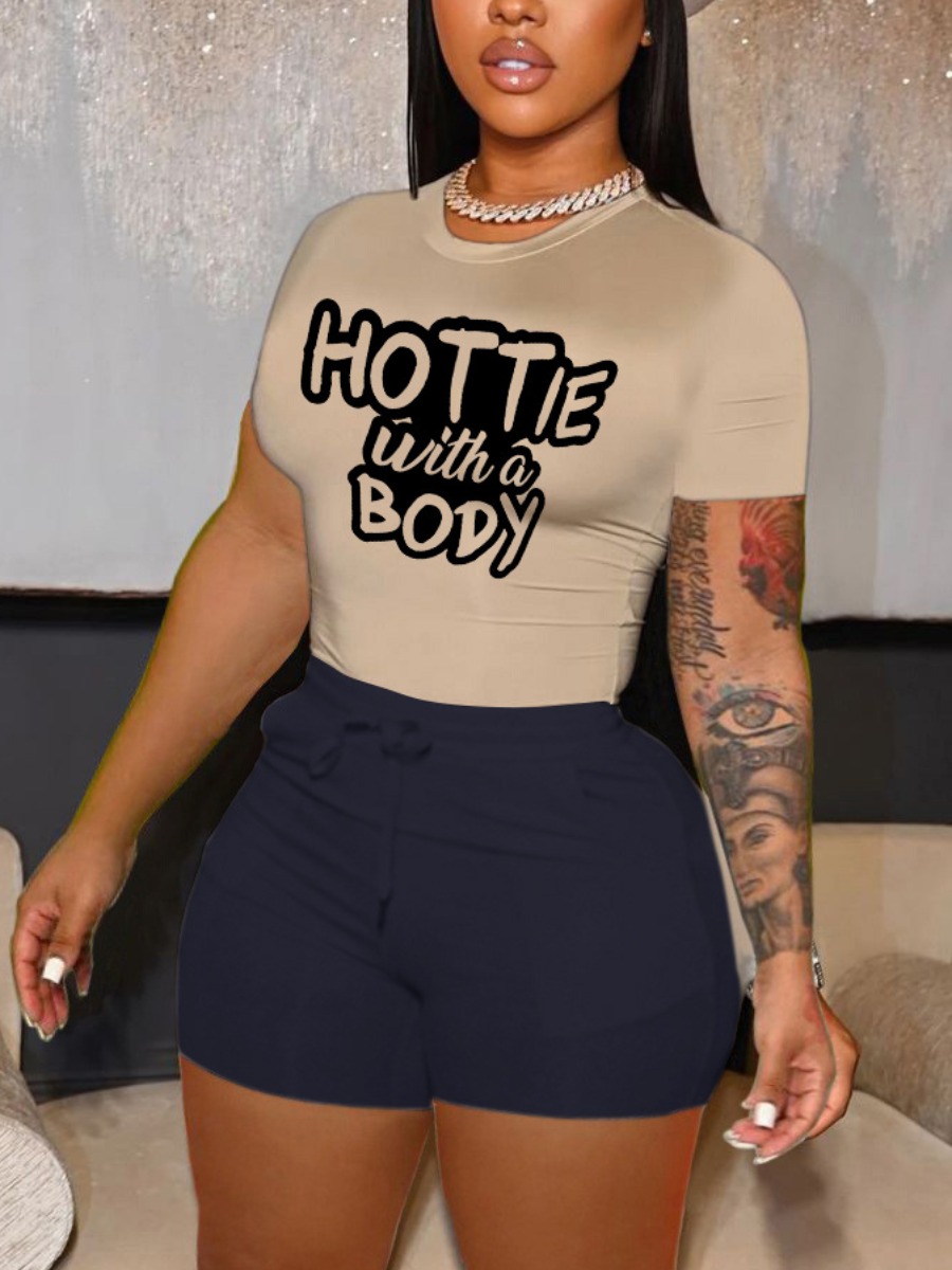 LW Letter Print Drawstring Shorts Set