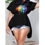 LW Plus Size Lip Print Asymmetrical Hem Blouse