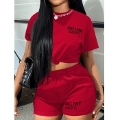 LW BASICS Round Neck Letter Print Shorts Set