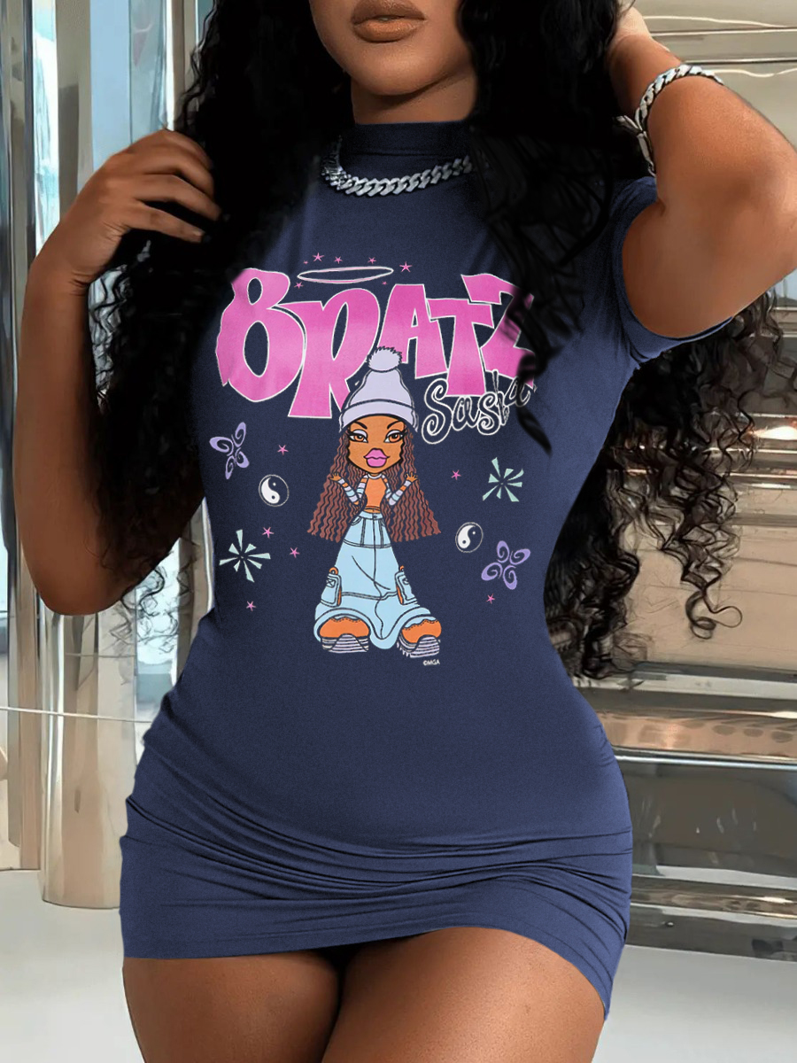 LovelyWholesale Cartoon Letter Print Bodycon Dress Summer Short Sleeve Casual Mock Neck Spring Summer 2024