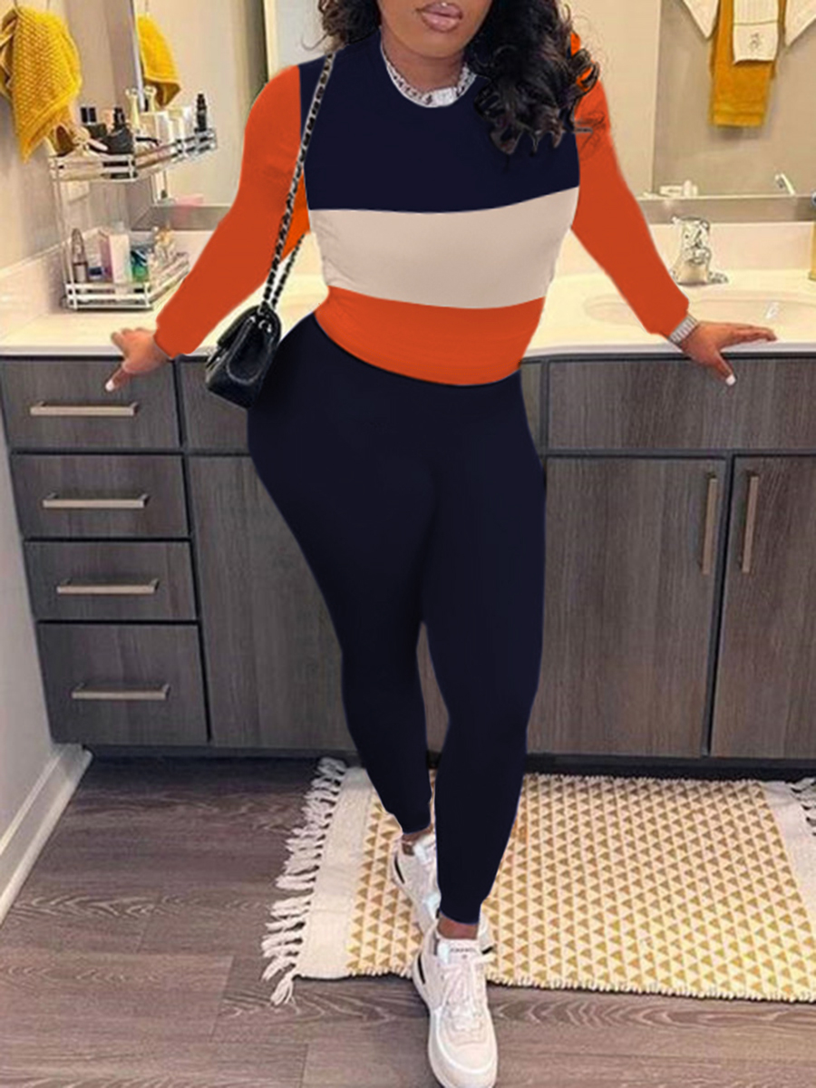 LovelyWholesale Round Neck Striped Patchwork Pants Set Fall Long Sleeve Casual Patchwork Round Neck Spring Summer 2024