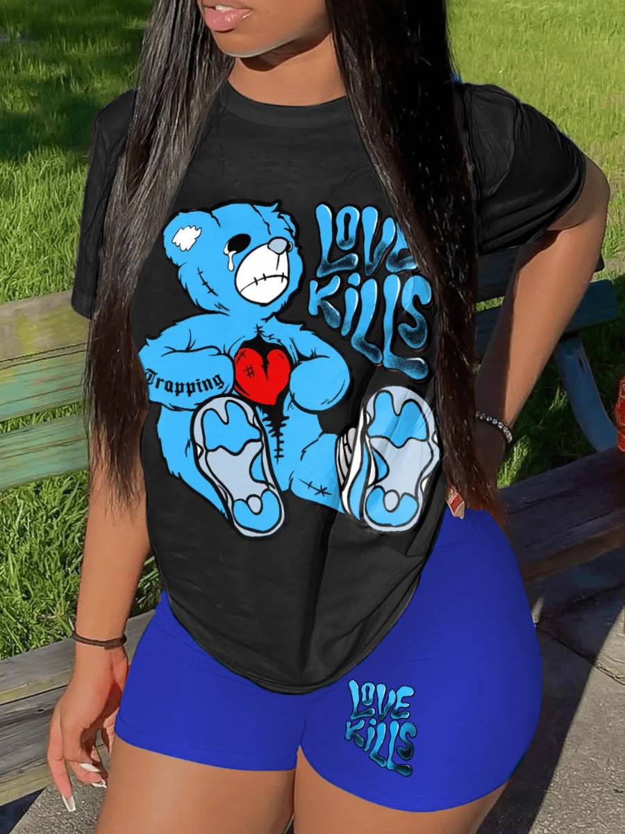 LovelyWholesale Plus Size Teddy Bear Cartoon Letter Print Shorts Set Summer Short Sleeve Casual Basic  5X Spring Summer 2024