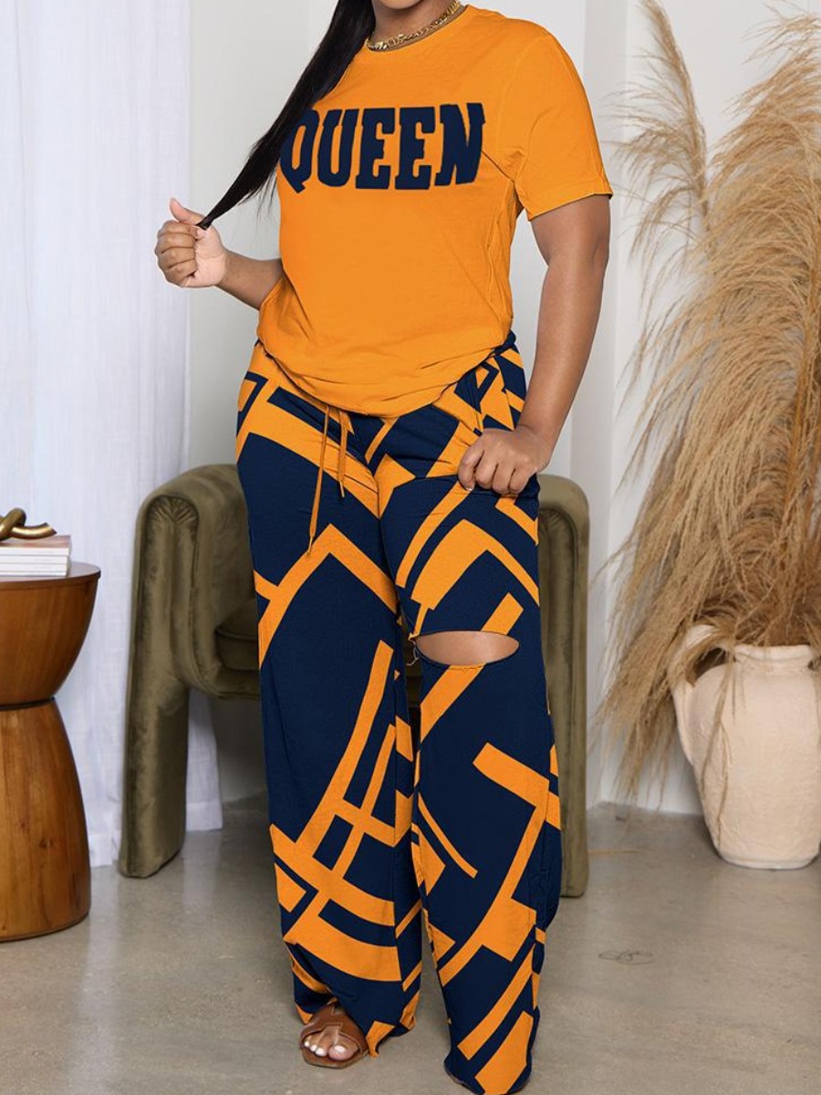 LW Plus Size Geometric Queen Letter Print Pants Se