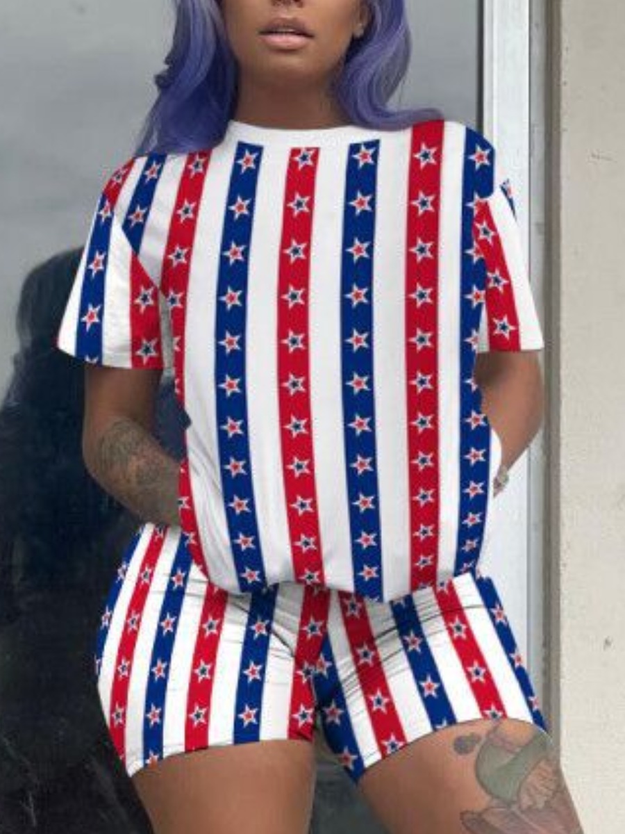 LW Plus Size American Flag Star Print Striped Shor